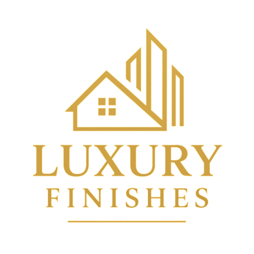Gold logo for Luxury Finishes featuring stylized house and building icons